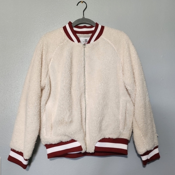SOUTH POLE Y2K Sherpa Bomber Jacket Juniors Large Cream Zip Up Preppy Varsity - Picture 2 of 8